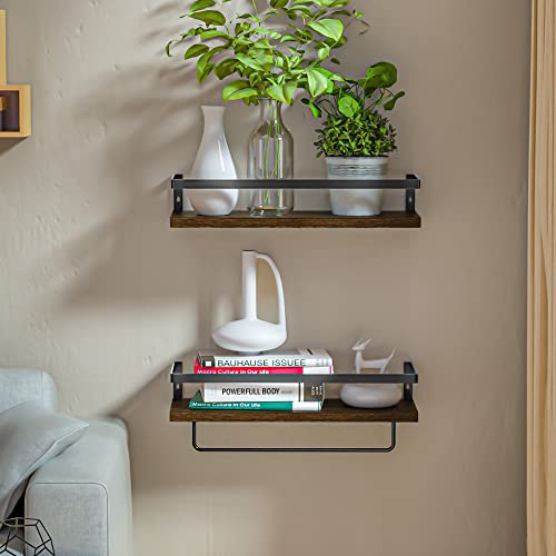 homehours Floating Shelves Wall Shelves for Bathroom Kitchen Bedroom Shelf with Hanging Towel Bar 2 Sets. (Rustic Brown)