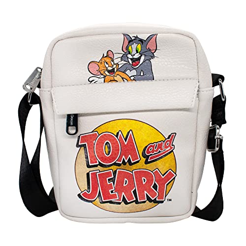 Buckle Down Hanna Barbera Bag, Cross Body, with Tom and Jerry Smiling Hug Pose and Logo, Ivory, Vegan Leather