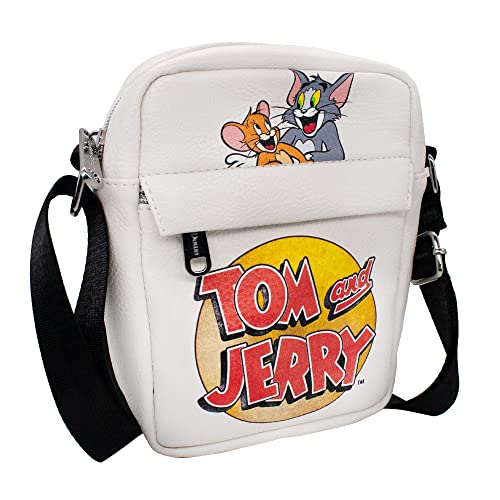Buckle Down Hanna Barbera Bag, Cross Body, with Tom and Jerry Smiling Hug Pose and Logo, Ivory, Vegan Leather