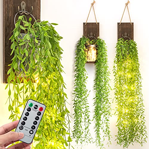 Mason Jar Sconces Wall Decor Set of 2 with LED Fairy Lights, Rustic Wall Sconces with 8 Modes Remote Control & 14 Artificial Willow Branches, Farmhouse Leaves Plants Decor for Living Room Bedroom DIY