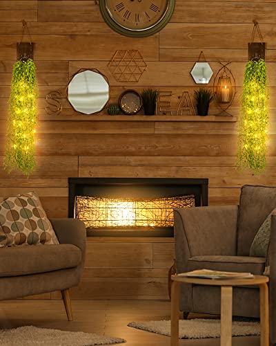 Mason Jar Sconces Wall Decor Set of 2 with LED Fairy Lights, Rustic Wall Sconces with 8 Modes Remote Control & 14 Artificial Willow Branches, Farmhouse Leaves Plants Decor for Living Room Bedroom DIY