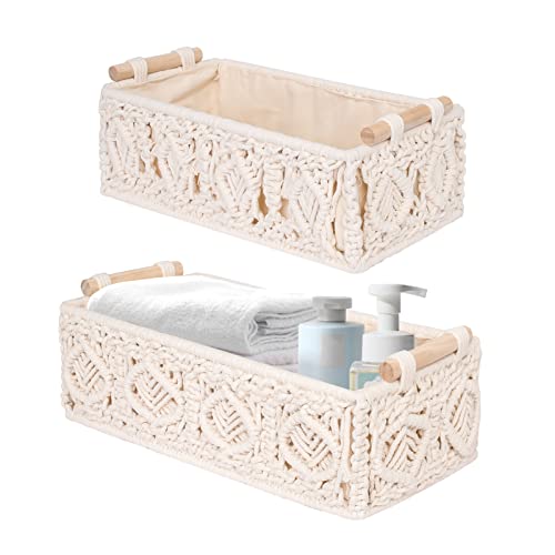 Set of 2 Macrame Storage Baskets Boho Decor Box, EsLuker.ly Handmade Woven Decorative Basket for Countertop Toilet Tank Cabinet Shelf Basket Organizer with Handle for Bedroom Living Room Nursery