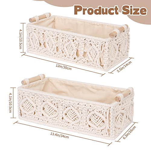 Set of 2 Macrame Storage Baskets Boho Decor Box, EsLuker.ly Handmade Woven Decorative Basket for Countertop Toilet Tank Cabinet Shelf Basket Organizer with Handle for Bedroom Living Room Nursery