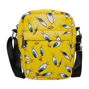 looney tunes bag, cross body, with looney tunes tweety expressions scattered, yellow, vegan leather