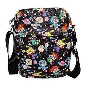buckle down nickelodeon bag, cross body, rugrats, characters and icons collage, black, vegan leather