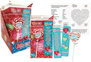 scripture candy, john 3:16 cherry flavored heart pop, bookmark & activity set, 12 count