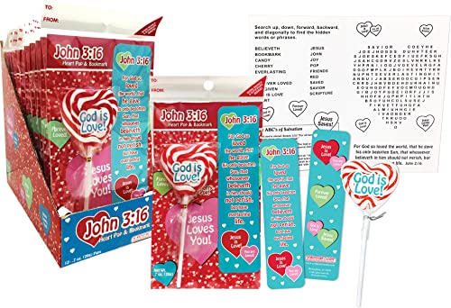 Scripture Candy, John 3:16 Cherry Flavored Heart Pop, Bookmark & Activity Set, 12 Count