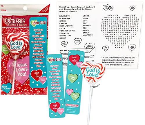 Scripture Candy, John 3:16 Cherry Flavored Heart Pop, Bookmark & Activity Set, 12 Count