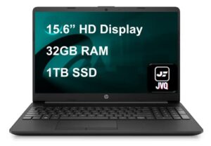 hp laptop, 15.6″ hd screen, intel pentium silver n5030 4 cores processor, 32gb memory, 1tb ssd, webcam, usb-c, hdmi, wi-fi, sd card reader, windows os, black, jvq mp