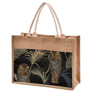 tote bag (tiger in jungle print) jute cloth fashion women girls purses handbags 4 size