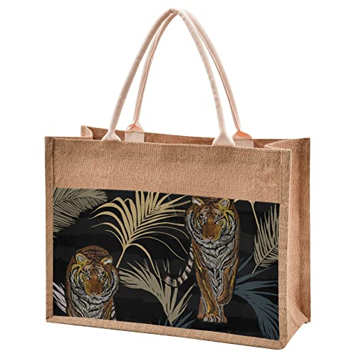 Tote Bag (Tiger in Jungle Print) Jute Cloth Fashion Women Girls Purses Handbags 4 Size