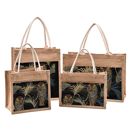 Tote Bag (Tiger in Jungle Print) Jute Cloth Fashion Women Girls Purses Handbags 4 Size