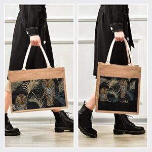 Tote Bag (Tiger in Jungle Print) Jute Cloth Fashion Women Girls Purses Handbags 4 Size