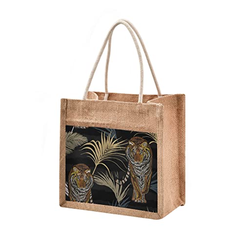 Tote Bag (Tiger in Jungle Print) Jute Cloth Fashion Women Girls Purses Handbags 4 Size