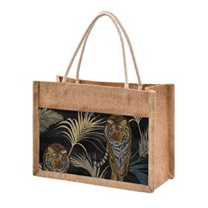 Tote Bag (Tiger in Jungle Print) Jute Cloth Fashion Women Girls Purses Handbags 4 Size