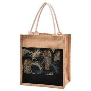 Tote Bag (Tiger in Jungle Print) Jute Cloth Fashion Women Girls Purses Handbags 4 Size