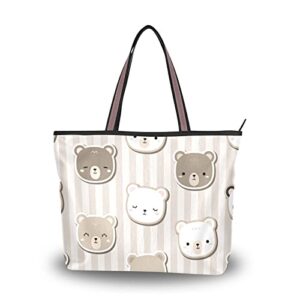 cute bear heads tote bag aesthetic, large capacity zipper women grocery bags purse for daily life 2 sizes