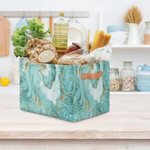 Turquoise Marble Texture Storage Baskets Bin, Teal Marble Collapsible Canvas Fabric Storage Bin Decorative Baskets Toy Organizer Rectangle Storage Boxes with Handles for Home Shelves Nursery,1Pack