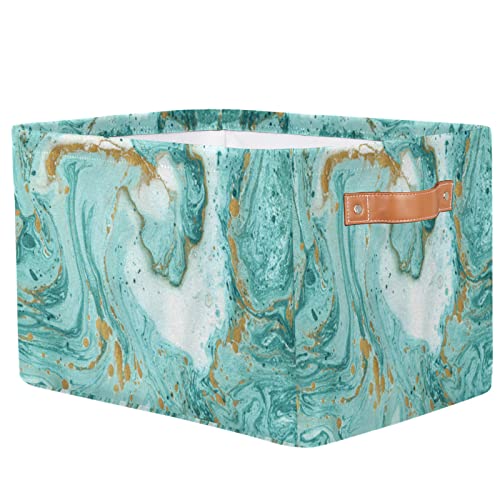 Turquoise Marble Texture Storage Baskets Bin, Teal Marble Collapsible Canvas Fabric Storage Bin Decorative Baskets Toy Organizer Rectangle Storage Boxes with Handles for Home Shelves Nursery,1Pack