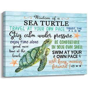 Creoate Bathroom Picture Wall Decor, Framed Wisdom Sea Turtle Green Canvas Art Motivational Artwork for Home Bathroom Wall Art, 12x15 Inches