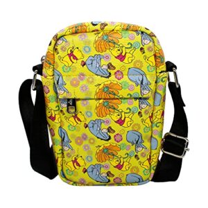 buckle down disney bag, cross body, winnie the pooh and eeyore poses floral collage, yellow, vegan leather