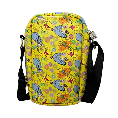 Buckle Down Disney Bag, Cross Body, Winnie The Pooh and Eeyore Poses Floral Collage, Yellow, Vegan Leather