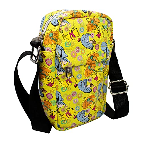 Buckle Down Disney Bag, Cross Body, Winnie The Pooh and Eeyore Poses Floral Collage, Yellow, Vegan Leather