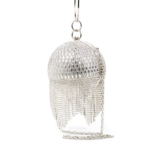 Woman Sliver Glitter Sparkly Tassel Bling Crossbody Chian Luxury Round Ball Bags Crystal Ladies Evening Bag Clutch Purse Diamond Wedding Party Purses Handbags for Women