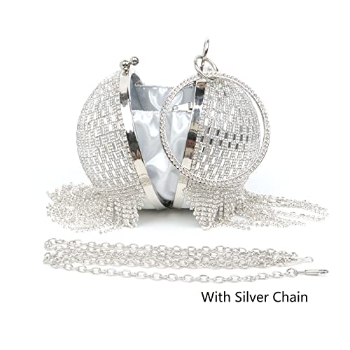 Woman Sliver Glitter Sparkly Tassel Bling Crossbody Chian Luxury Round Ball Bags Crystal Ladies Evening Bag Clutch Purse Diamond Wedding Party Purses Handbags for Women