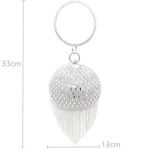 Woman Sliver Glitter Sparkly Tassel Bling Crossbody Chian Luxury Round Ball Bags Crystal Ladies Evening Bag Clutch Purse Diamond Wedding Party Purses Handbags for Women