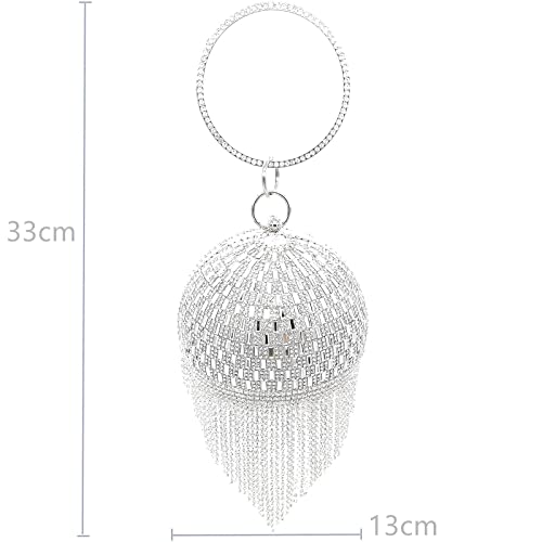 Woman Sliver Glitter Sparkly Tassel Bling Crossbody Chian Luxury Round Ball Bags Crystal Ladies Evening Bag Clutch Purse Diamond Wedding Party Purses Handbags for Women