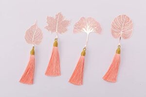 4 metal bookmarks with tassels. four different leaf shapes, representing the four seasons of nature, rose gold, 2.56wx2.56l