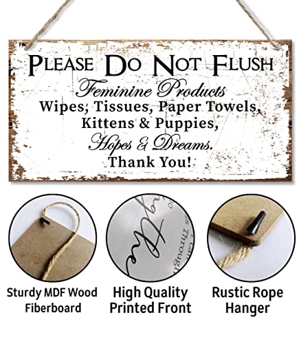 Please Do Not Flush Feminine Products Wall Decor Sign, Hopes & Dreams, Printed Wood Plaque Sign, Hanging Bathroom Signs, Funny Wall Decor For Toilet, Farmhouse Bathroom Decor Wall Art Sign 12" x 6"