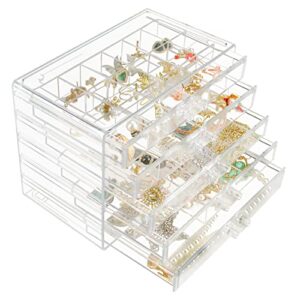 weiai 90 grids adjustable dividers acrylic jewelry organizer, 5 drawers clear jewelry box large enough to store earrings rings