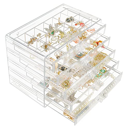 Weiai 90 Grids Adjustable Dividers Acrylic Jewelry Organizer, 5 Drawers Clear Jewelry Box Large Enough to Store Earrings Rings