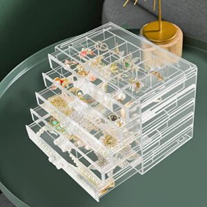 Weiai 90 Grids Adjustable Dividers Acrylic Jewelry Organizer, 5 Drawers Clear Jewelry Box Large Enough to Store Earrings Rings