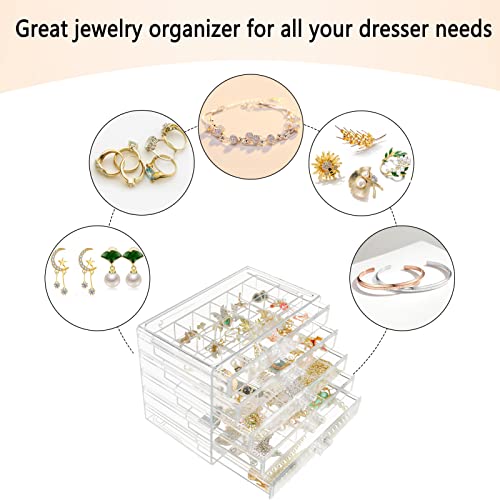 Weiai 90 Grids Adjustable Dividers Acrylic Jewelry Organizer, 5 Drawers Clear Jewelry Box Large Enough to Store Earrings Rings