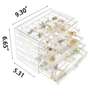 Weiai 90 Grids Adjustable Dividers Acrylic Jewelry Organizer, 5 Drawers Clear Jewelry Box Large Enough to Store Earrings Rings