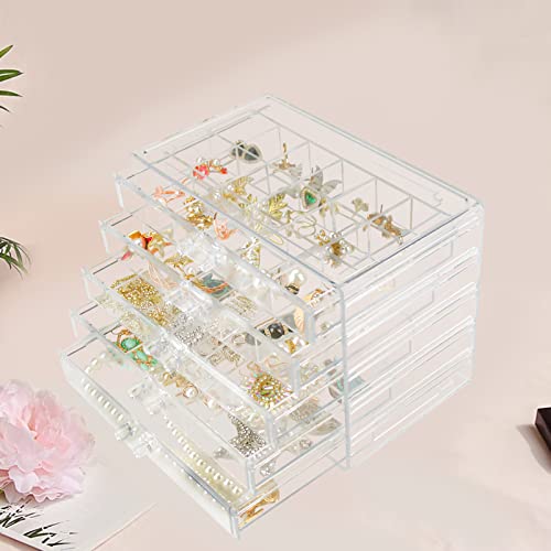 Weiai 90 Grids Adjustable Dividers Acrylic Jewelry Organizer, 5 Drawers Clear Jewelry Box Large Enough to Store Earrings Rings