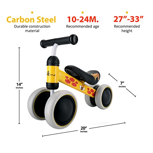 10-24 Months Baby Balance Bike - No Pedal Toddler Walker Trainer Riding Toys for Infant 1 Year Old Boys and Girls with 4 Silent Wheels, Carbon Steel Frame, Cushion Seat, (Bee)