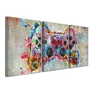 simiwow video game wall art gamepad street graffiti painting gamer wall decor picture gaming poster framed canvas prints ready to hang (12″x16″x3 panels)