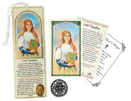 St Dymphna Prayer Card - with Book Mark, One Day at A Time Pocket Token Coin, The Lord's Prayer | Catholic Patron Saint of Anxiety, Emotional Disorders, Stress, Mental Problems | 4 Items in Set