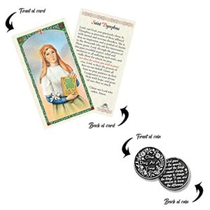 St Dymphna Prayer Card - with Book Mark, One Day at A Time Pocket Token Coin, The Lord's Prayer | Catholic Patron Saint of Anxiety, Emotional Disorders, Stress, Mental Problems | 4 Items in Set