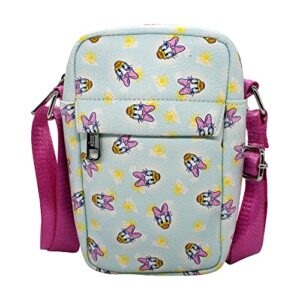buckle down disney bag, cross body, daisy duck smiling expression and sun scattered, baby blue, vegan leather