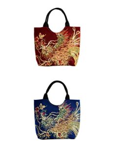women’s phoenix embroidery shoulder handbags with vintage decorative pendants,ethnic glitter sequins canvas hobo tote (a+b)