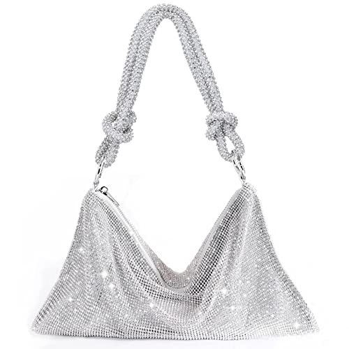 TOPALL Rhinestone Purse Sparkly Bag Silver Diamond Purses for Women Upgrade Evening Prom Rhinestone Bag Handbag Bling Hobo Bag for Party Club Banquet Wedding (Medium)