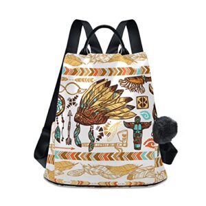 casual backpack (native americans element) print for women, fashion anti theft school travel backpack purse 15 inch full print aesthetic with fuzz ball key chain