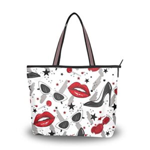 tote bag aesthetic (lips heels), large capacity zipper women grocery bags purse for daily life 2 sizes