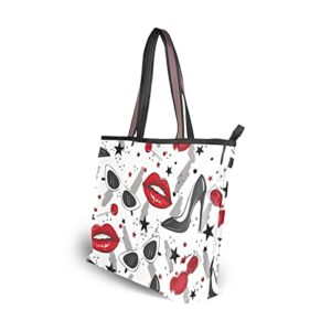 Tote Bag Aesthetic (Lips Heels), Large Capacity Zipper Women Grocery Bags Purse for Daily Life 2 Sizes