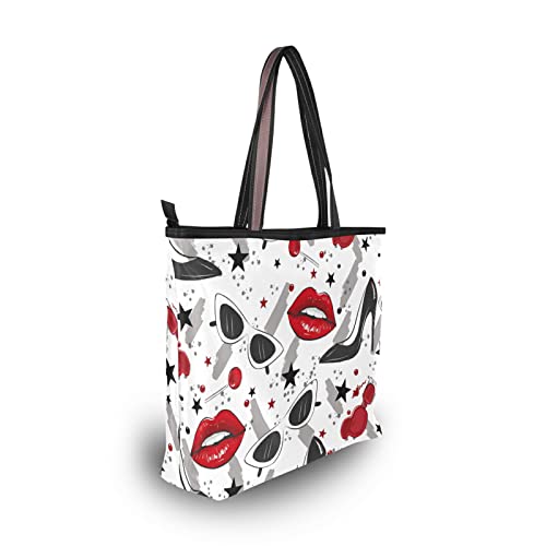 Tote Bag Aesthetic (Lips Heels), Large Capacity Zipper Women Grocery Bags Purse for Daily Life 2 Sizes